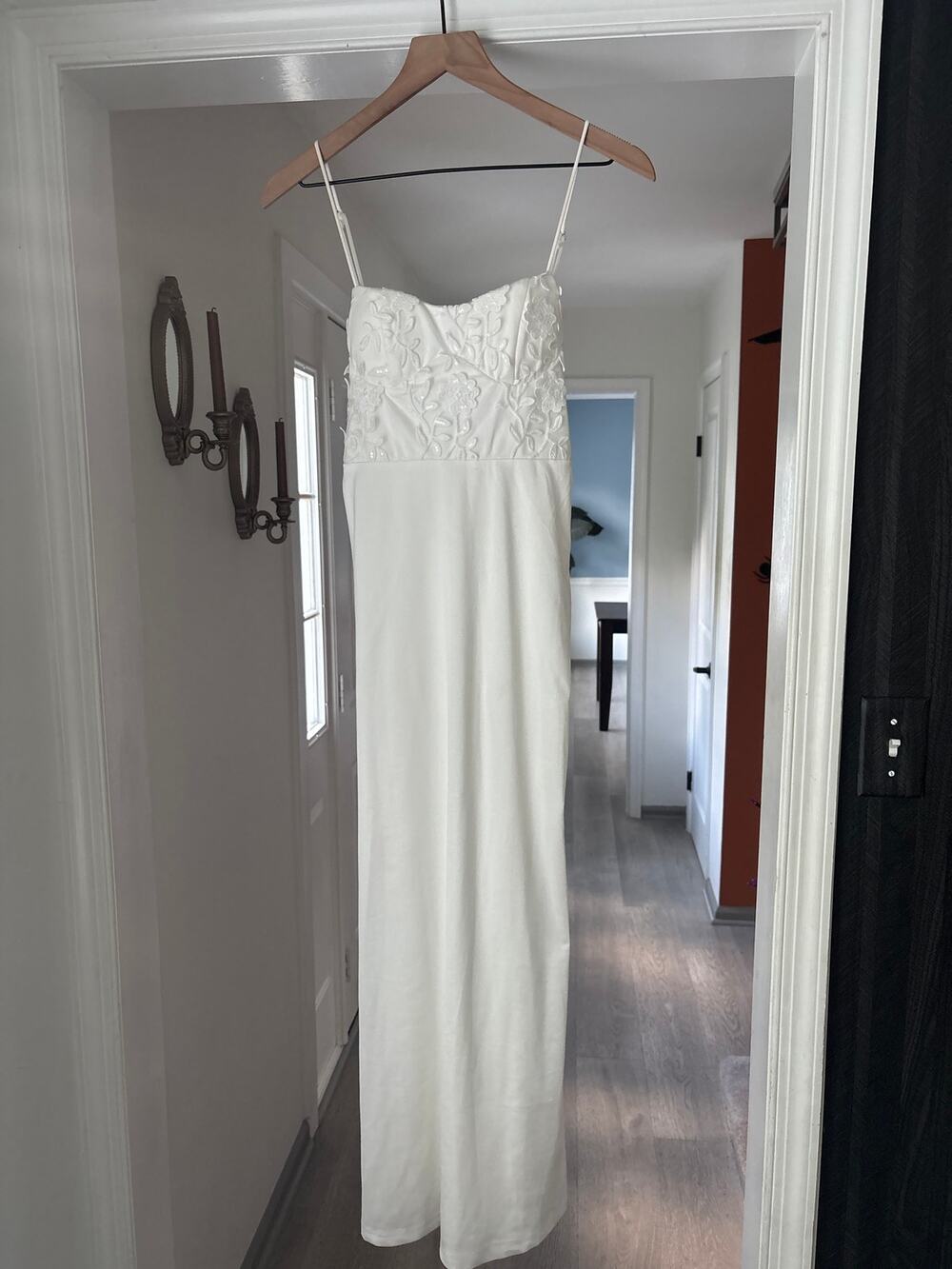 Saints + Secrets | White Satin Floral Applique Maxi Dress XS Tie Back